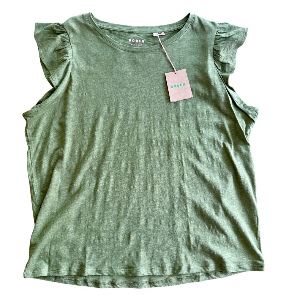 Boden Women’s L Olive Green Flutter Sleeve Cotton Slub Knit Top NWT